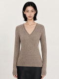 Ribbed V-Neck Ultrafine Merino Wool & Cashmere-Silk Blend Knit Sweater
