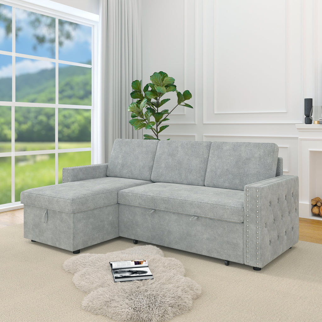 Sofá cama de 85 pulgadas, sofá cama de 3 plazas con chaise longue de almacenamiento, reposabrazos cuadrado con tirador y tachuelas de cobre, chenilla, color claro