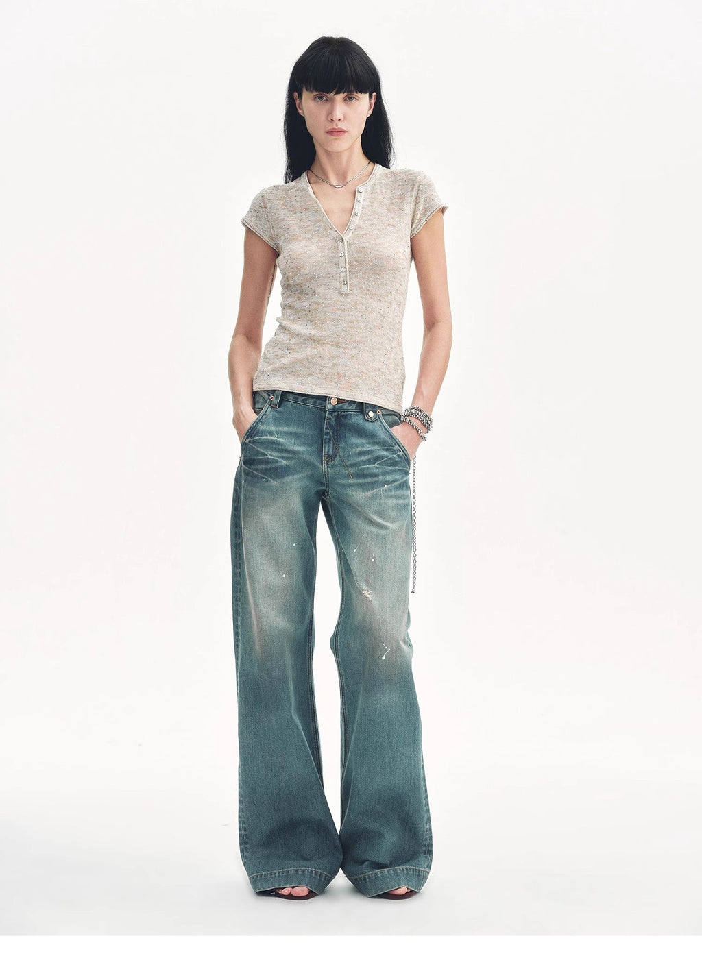 Cotton and Linen Blend Sequined Henley Neck Short Sleeve T-Shirt"Minimalist Light Gap"
