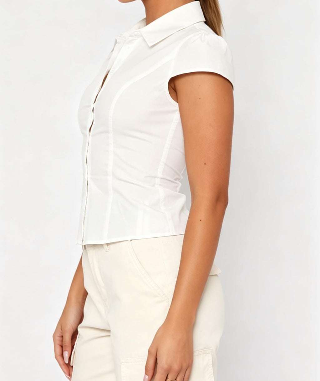Damen Y2K Kurzarm-Bluse mit Knopfleiste, körperbetont und mit Kragen