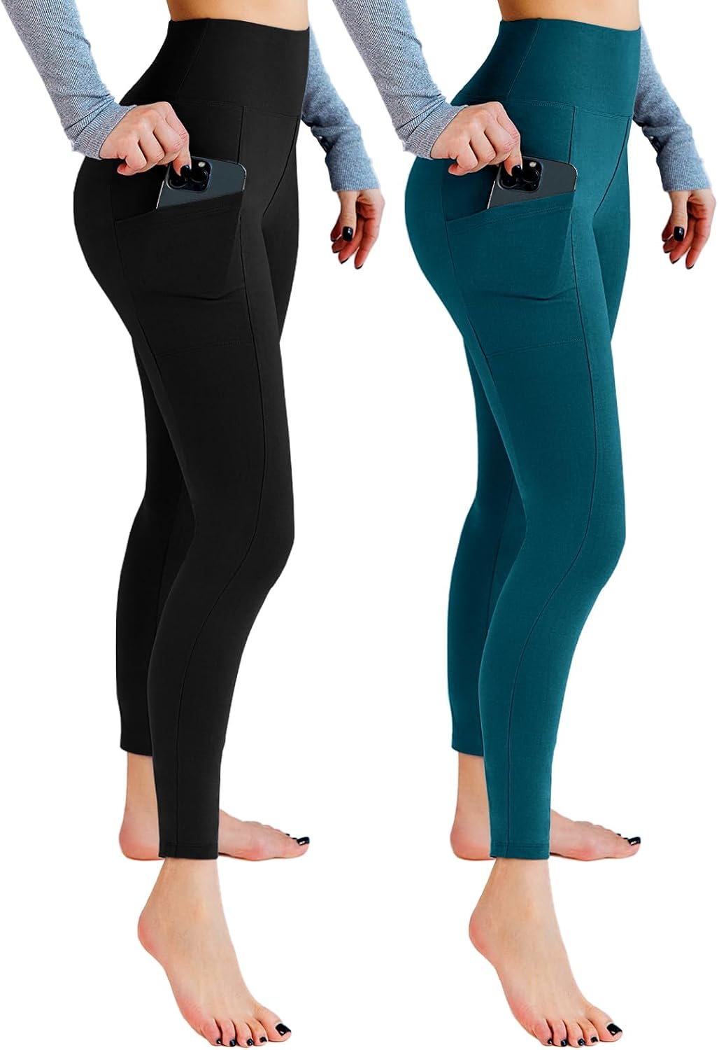Leafigure Lot de 2 leggings de sport opaques taille haute avec poches pour entraînement, sport, yoga, course à pied