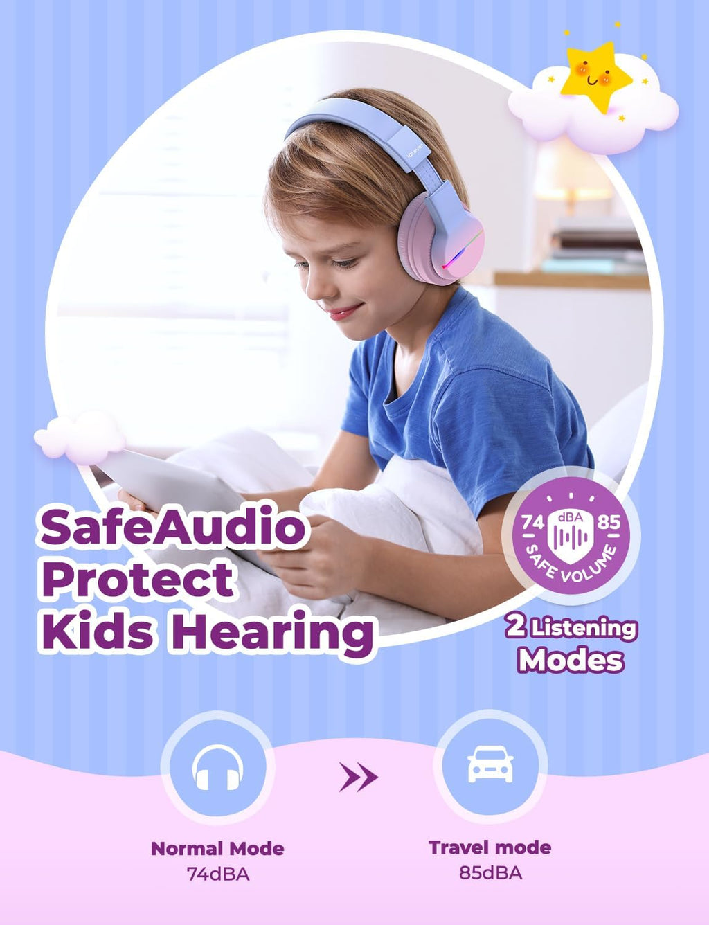 iClever BTH12 Bluetooth-Kopfhörer für Kinder mit LED-Beleuchtung, 85 Stunden Wiedergabezeit, ideal für Reisen