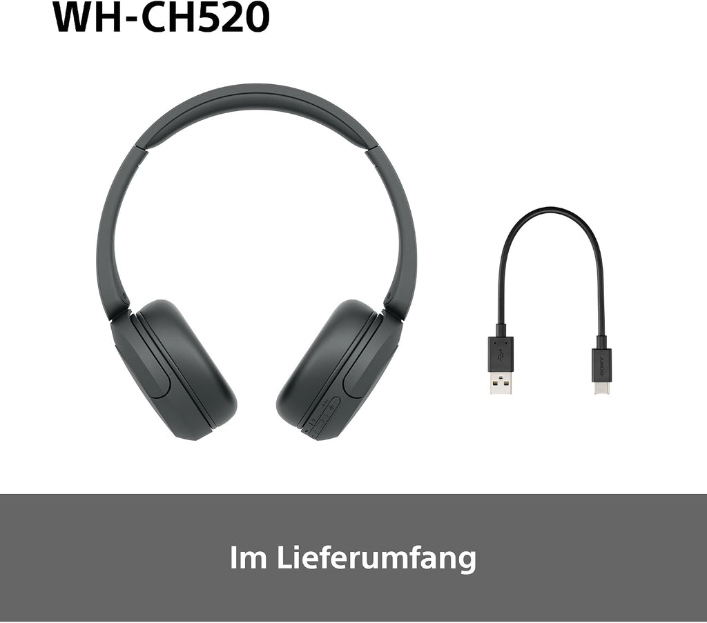 Sony WH-CH520 Kabellose Bluetooth-Kopfhörer - bis zu 50 Stunden Akkulaufzeit mit Schnellladefunktion, On-Ear-Modell - Schwarz