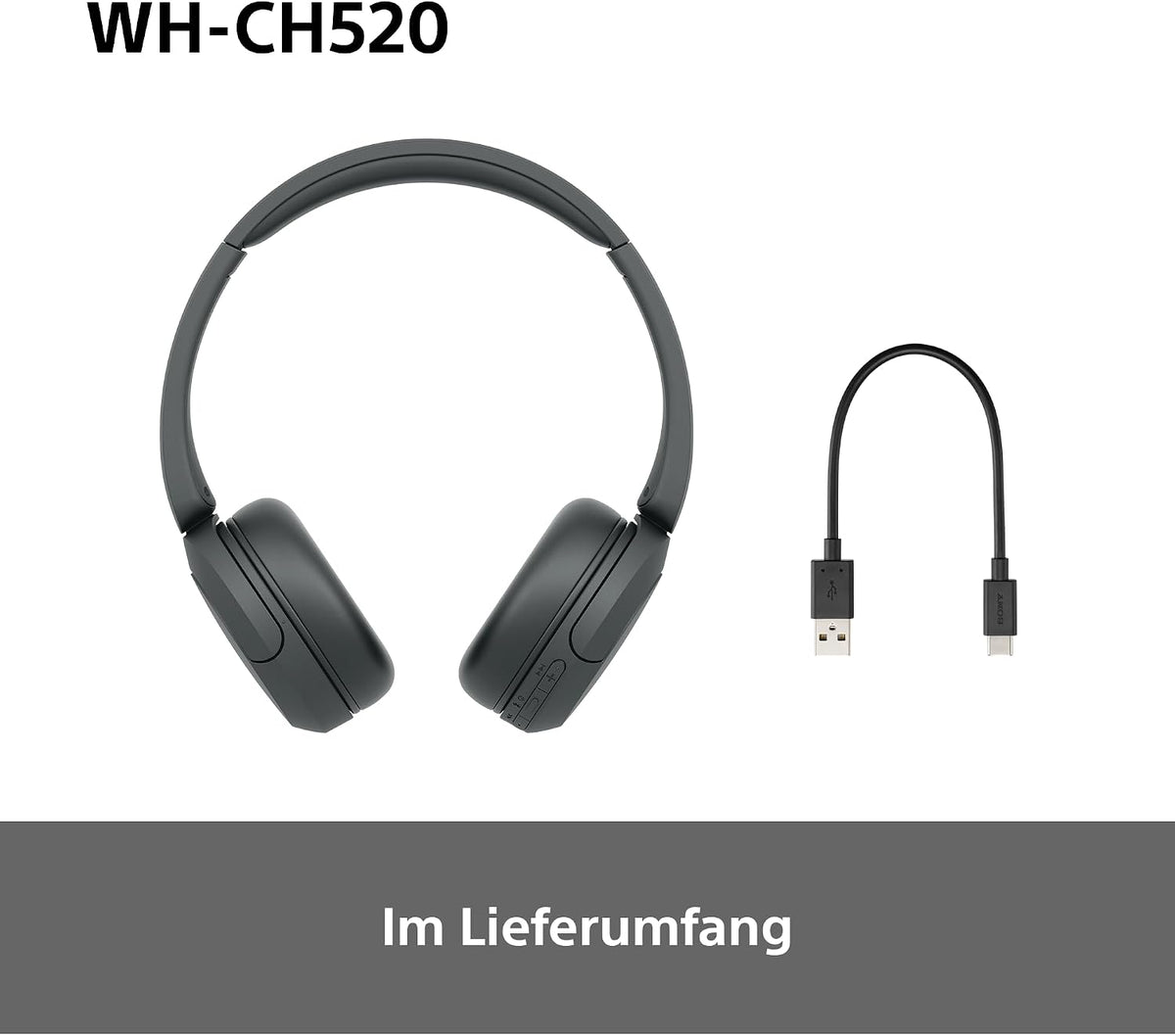 Sony WH-CH520 Kabellose Bluetooth-Kopfhörer - bis zu 50 Stunden Akkulaufzeit mit Schnellladefunktion, On-Ear-Modell - Schwarz