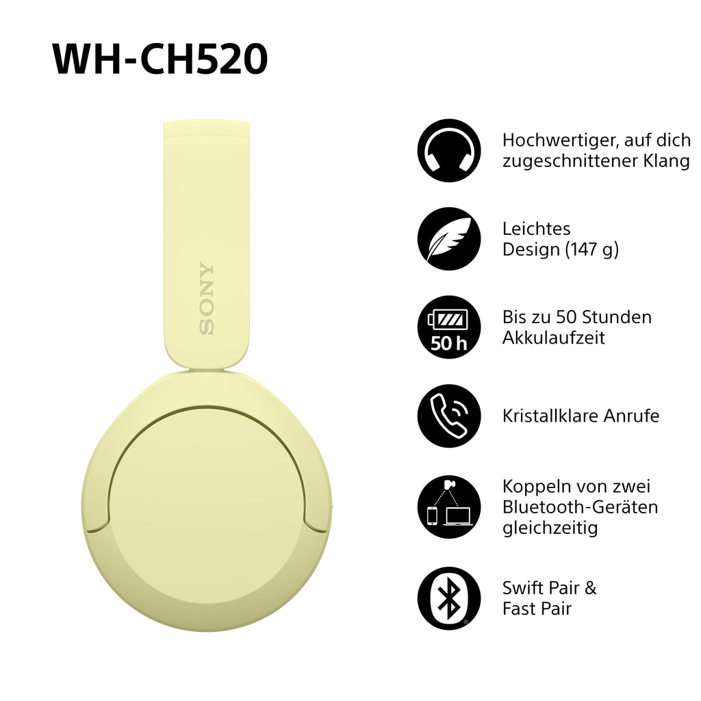 Sony WH-CH520 Kabellose Bluetooth-Kopfhörer - bis zu 50 Stunden Akkulaufzeit mit Schnellladefunktion, On-Ear-Modell - Schwarz
