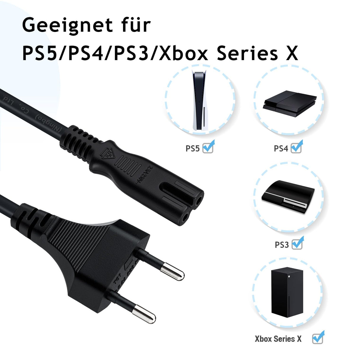 Mcbazel 1,5m Stromkabel C7 Eurostecker (Achterstecker), 2-poliges Netzkabel für PS5,PS4,PS3,PS2,PS1,Xbox, Smart-TV, Drucker, Radio & Monitor, Ersatz Kleingerätekabel, Schwarz