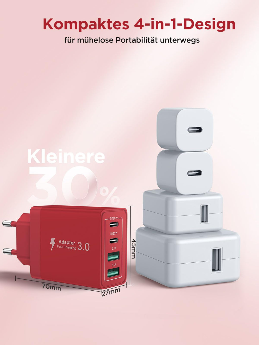 USB C Ladegerät, 40W 4-Port USB ladegerät Mehrfach Schnellladegerät PD 3.0