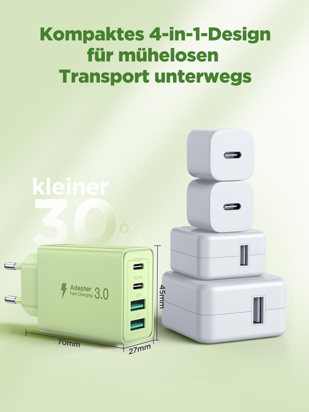USB C Ladegerät, 40W 4-Port USB ladegerät Mehrfach Schnellladegerät PD 3.0