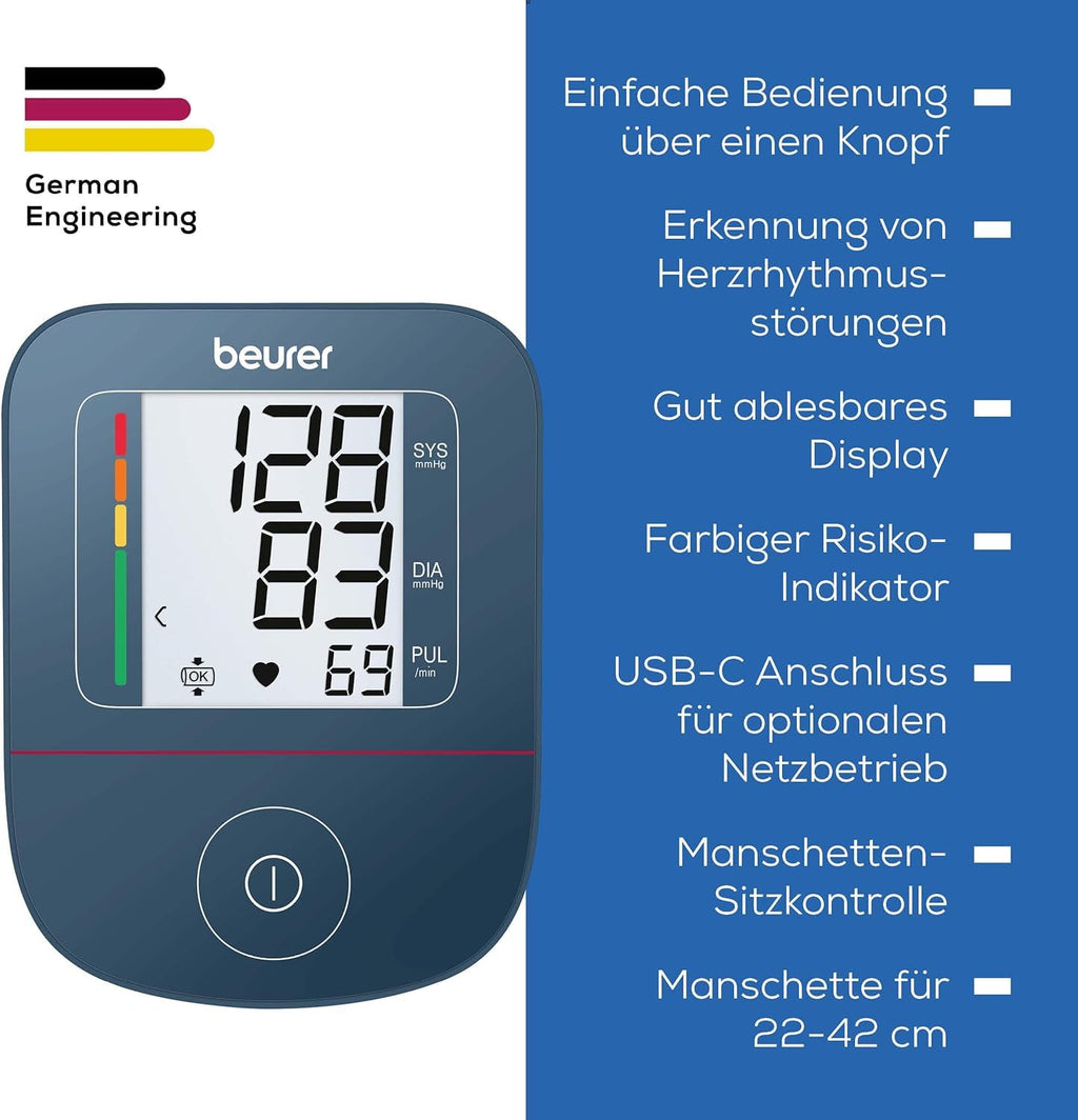 Beurer BM 27 Oberarm-Blutdruckmessgerät mit Manschettensitzkontrolle, klinisch validiert, Manschette für 22-42 cm, Risikoindikator, Arrhythmie-Erkennung, Datenübertragung zu Apple Health und co.