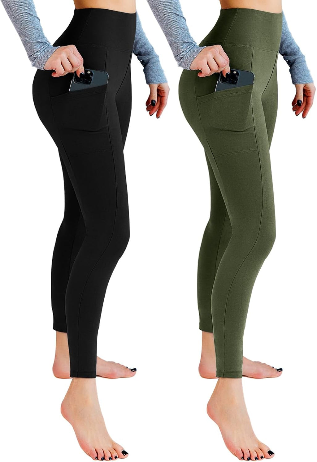 Leafigure Lot de 2 leggings de sport opaques taille haute avec poches pour entraînement, sport, yoga, course à pied
