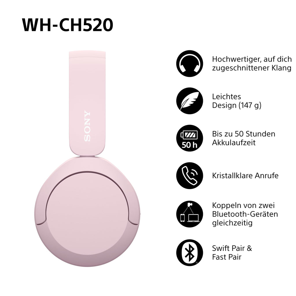 Sony WH-CH520 Kabellose Bluetooth-Kopfhörer - bis zu 50 Stunden Akkulaufzeit mit Schnellladefunktion, On-Ear-Modell - Schwarz
