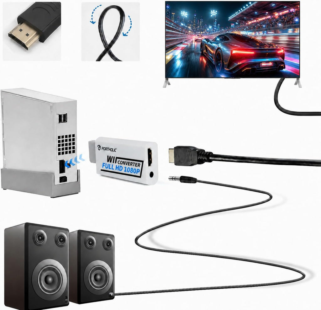 PORTHOLIC Wii Adapter Hdmi,Adapter auf HDMI Konverter mit 1080P/720P Eingang und Ausgang Video und Audio 3,5 mm + HDMI Kabel für alle Anzeigemodi (Weiß)