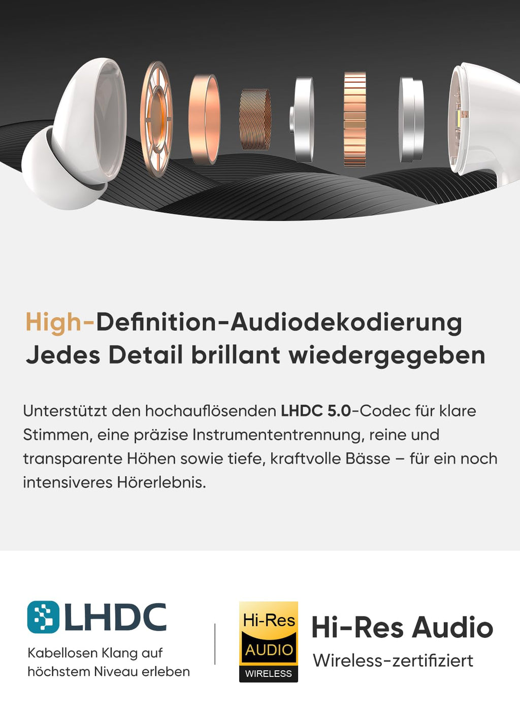 Bluetooth 5.4 Kabellose In-Ear Kopfhörer mit Smart Touchscreen, 48 Std. Wiedergabezeit, Aktive ANC Geräuschunterdrückung + ENC Anrufverarbeitung, 5 EQ-Modi, HiFi Stereo, IPX7 Wasserdicht Austerweiß