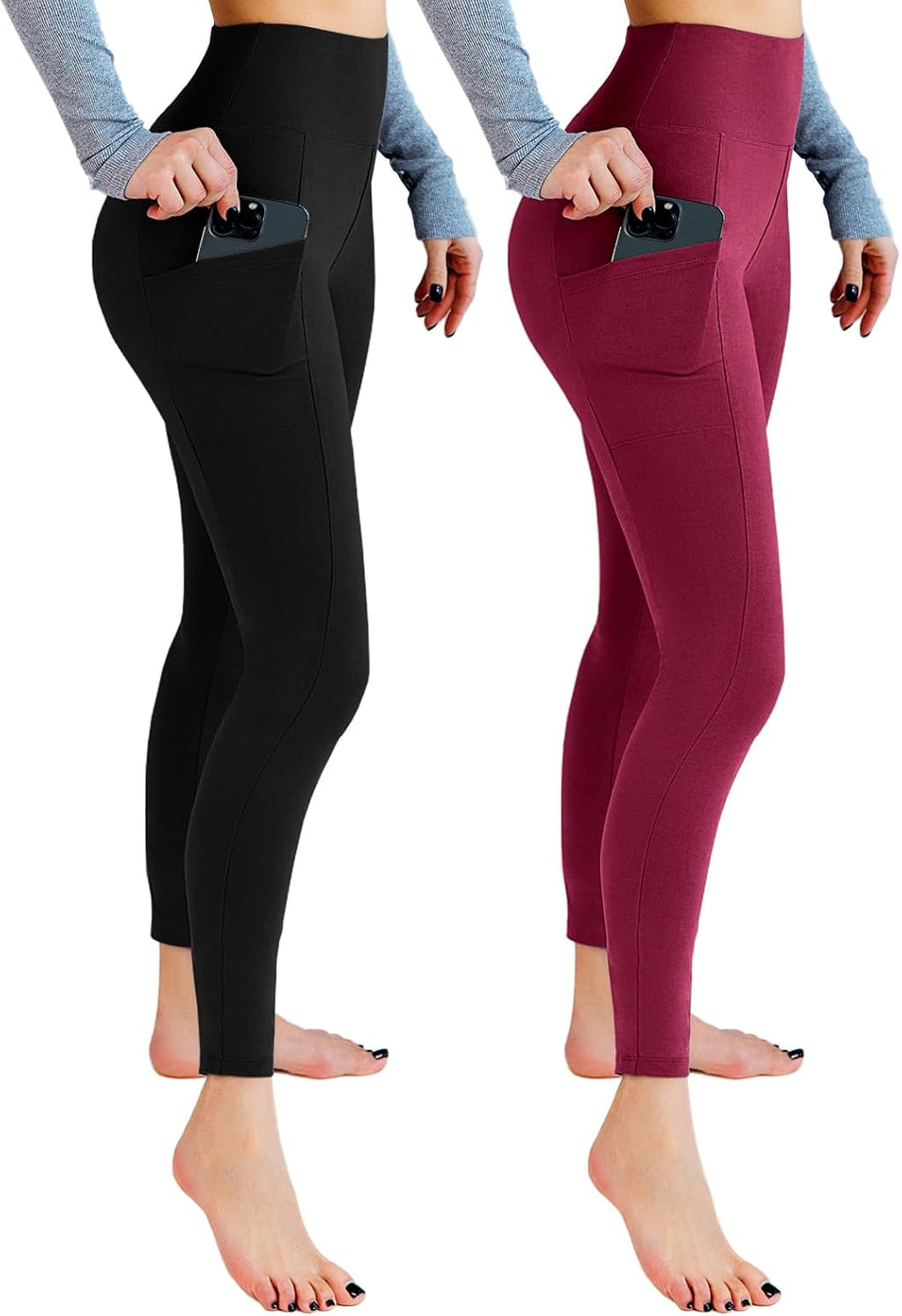 Leafigure Lot de 2 leggings de sport opaques taille haute avec poches pour entraînement, sport, yoga, course à pied