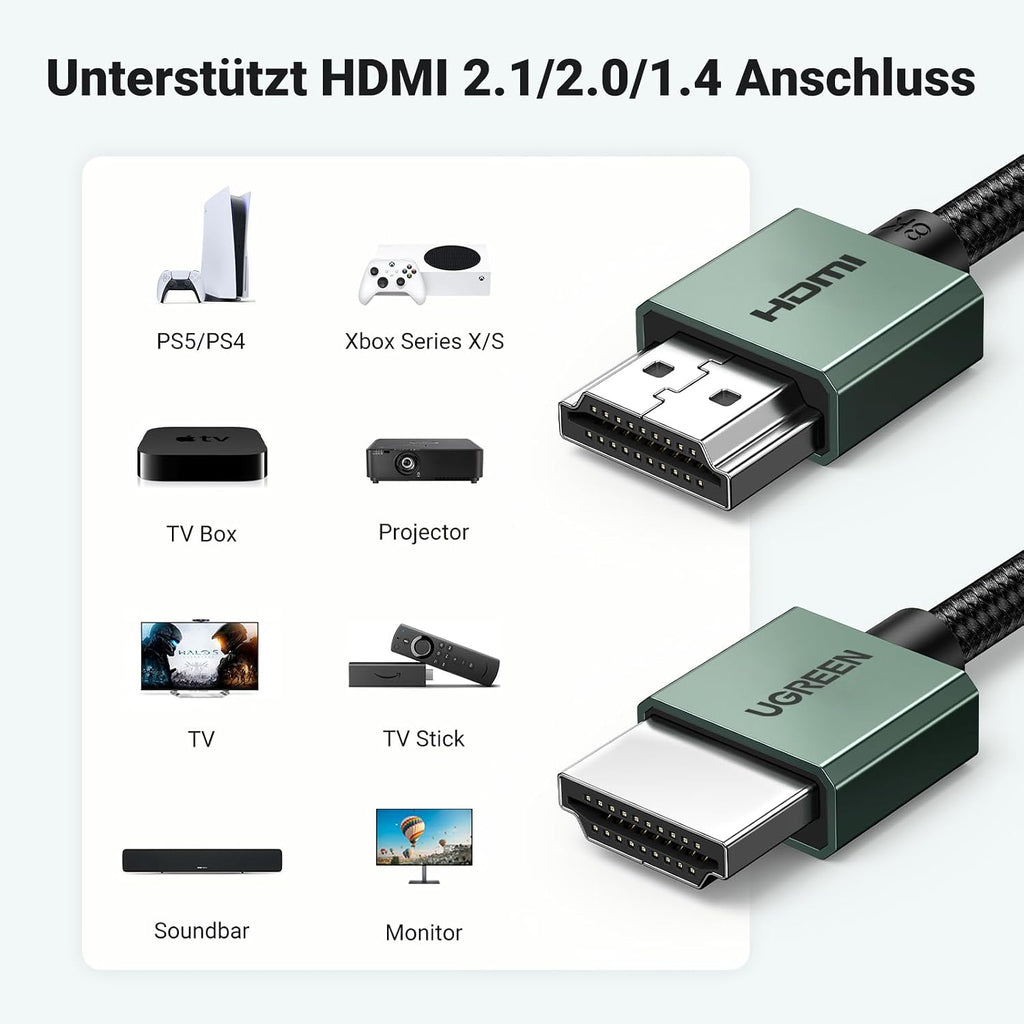 UGREEN HDMI 2.1 Kabel, Schlank, 8K@60Hz, 4K@120Hz, Aluminiumgehäuse, 2M