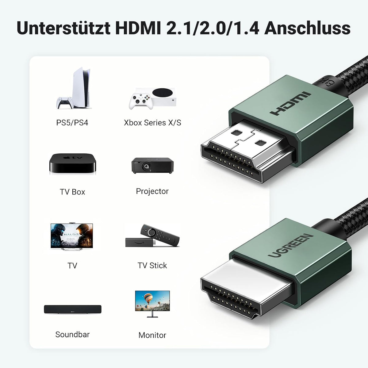 UGREEN HDMI 2.1 Kabel, Schlank, 8K@60Hz, 4K@120Hz, Aluminiumgehäuse, 2M