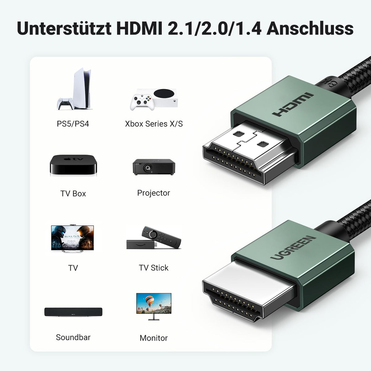 UGREEN HDMI 2.1 Kabel, Schlank, 8K@60Hz, 4K@120Hz, Aluminiumgehäuse, 2M
