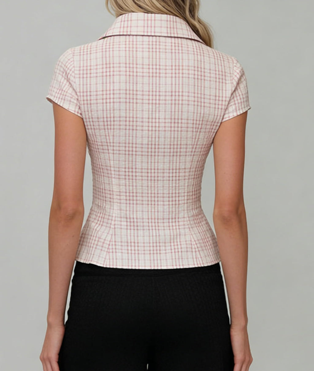 Damen Y2K Kurzarm-Bluse mit Knopfleiste, körperbetont und mit Kragen