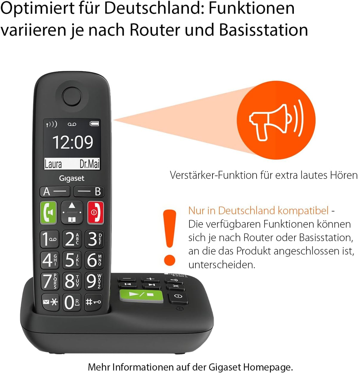 Gigaset E290A Duo - 2 Schnurlose Senioren DECT-Telefone mit Anrufbeantworter - großen Tasten und Display, Zielwahltasten für wichtige Nummern, Verstärker-Funktion für extra lautes Hören, schwarz