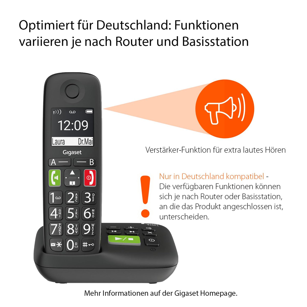 Gigaset E290A Duo - 2 Schnurlose Senioren DECT-Telefone mit Anrufbeantworter - großen Tasten und Display, Zielwahltasten für wichtige Nummern, Verstärker-Funktion für extra lautes Hören, schwarz