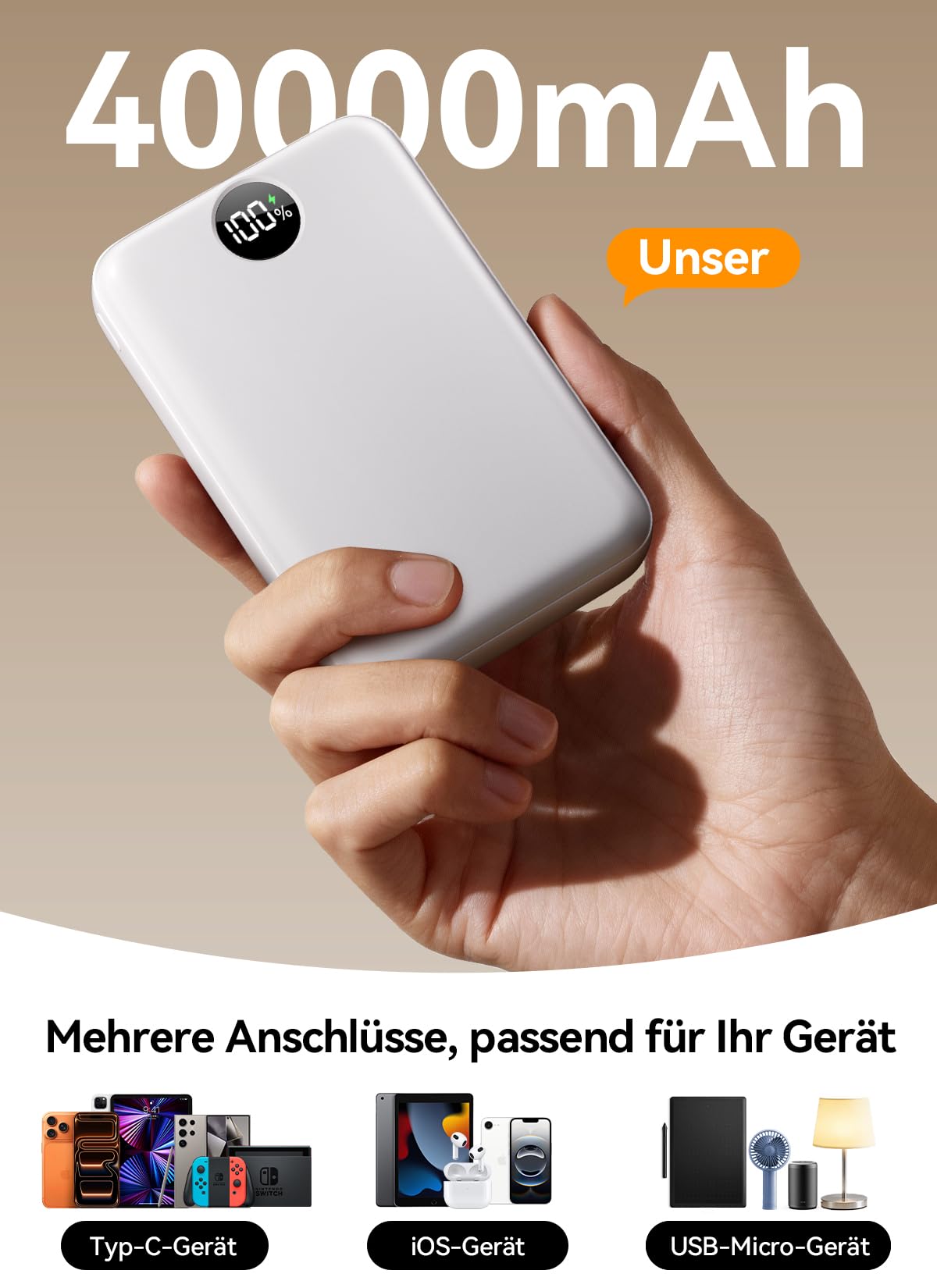 Power Bank 27000mAh, Ultra Kompakte Powerbank Schnellladen mit 3-in-1 Kabel