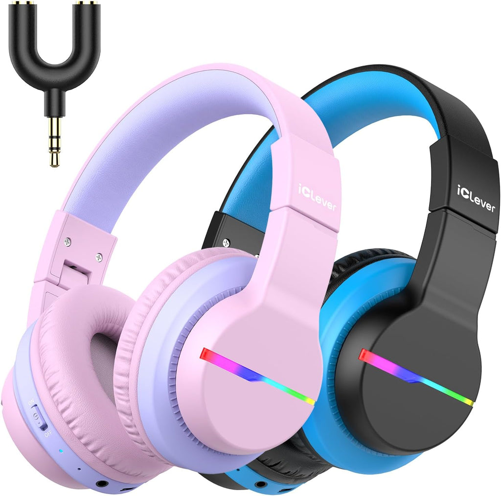 iClever BTH12 Bluetooth-Kopfhörer für Kinder mit LED-Beleuchtung, 85 Stunden Wiedergabezeit, ideal für Reisen