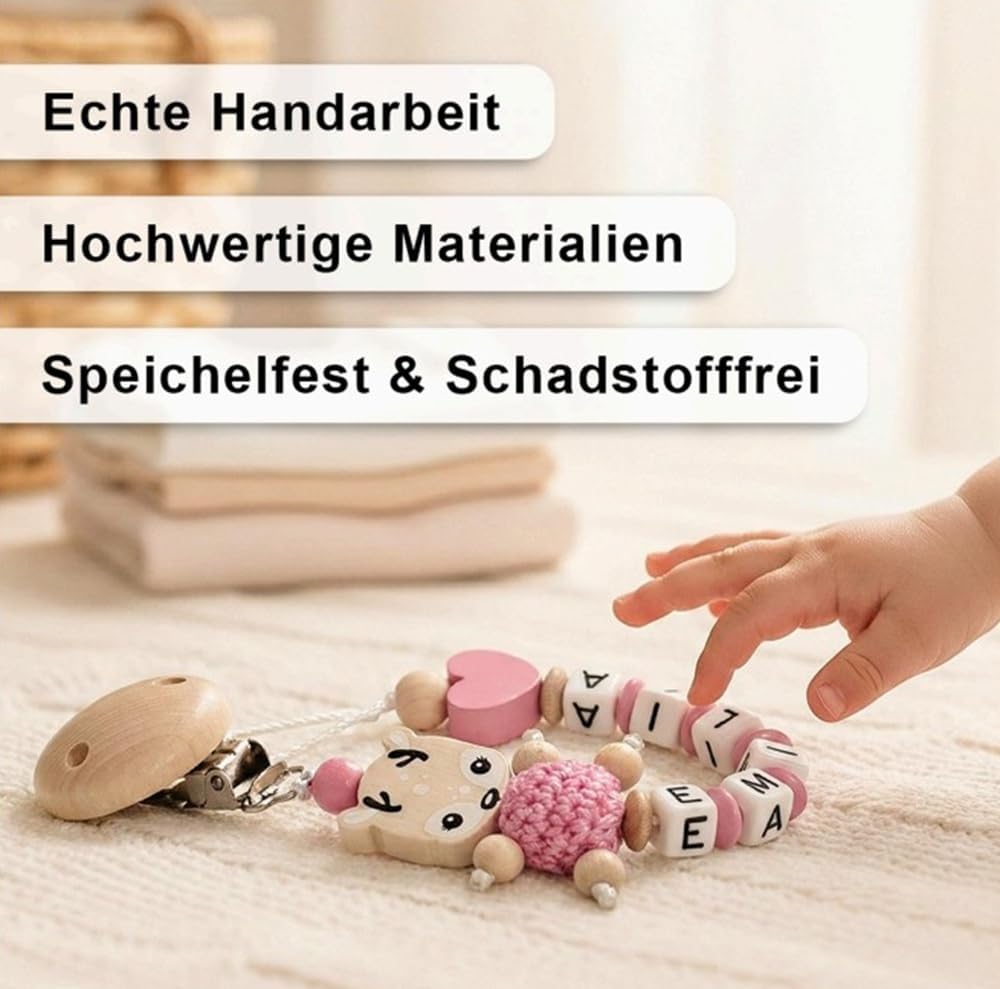 Schnullerband mit Namen für Mädchen & Jungen personalisierte Baby Geschenke (REH Herzchen)