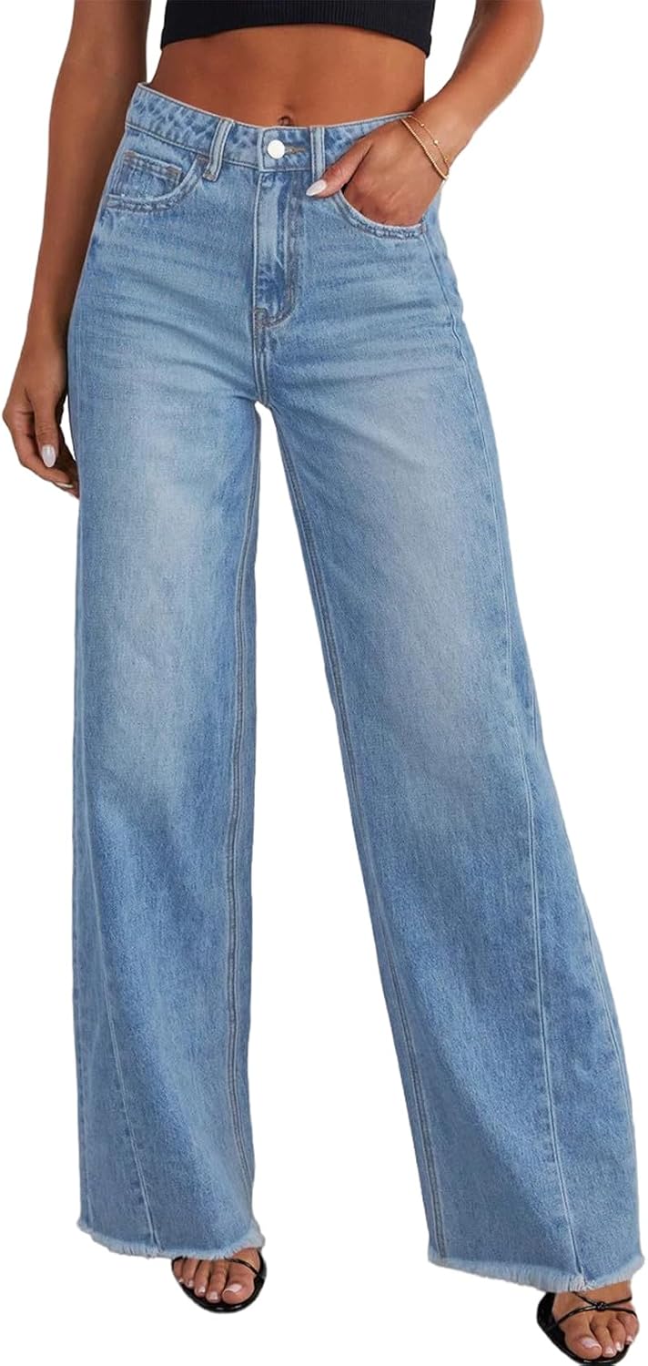 Sidefeel Damen Jeans mit weitem Bein, hoch taillierte, elastische Denim-Hose