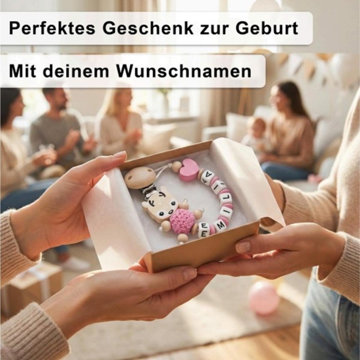 Schnullerband mit Namen für Mädchen & Jungen personalisierte Baby Geschenke (REH Herzchen)