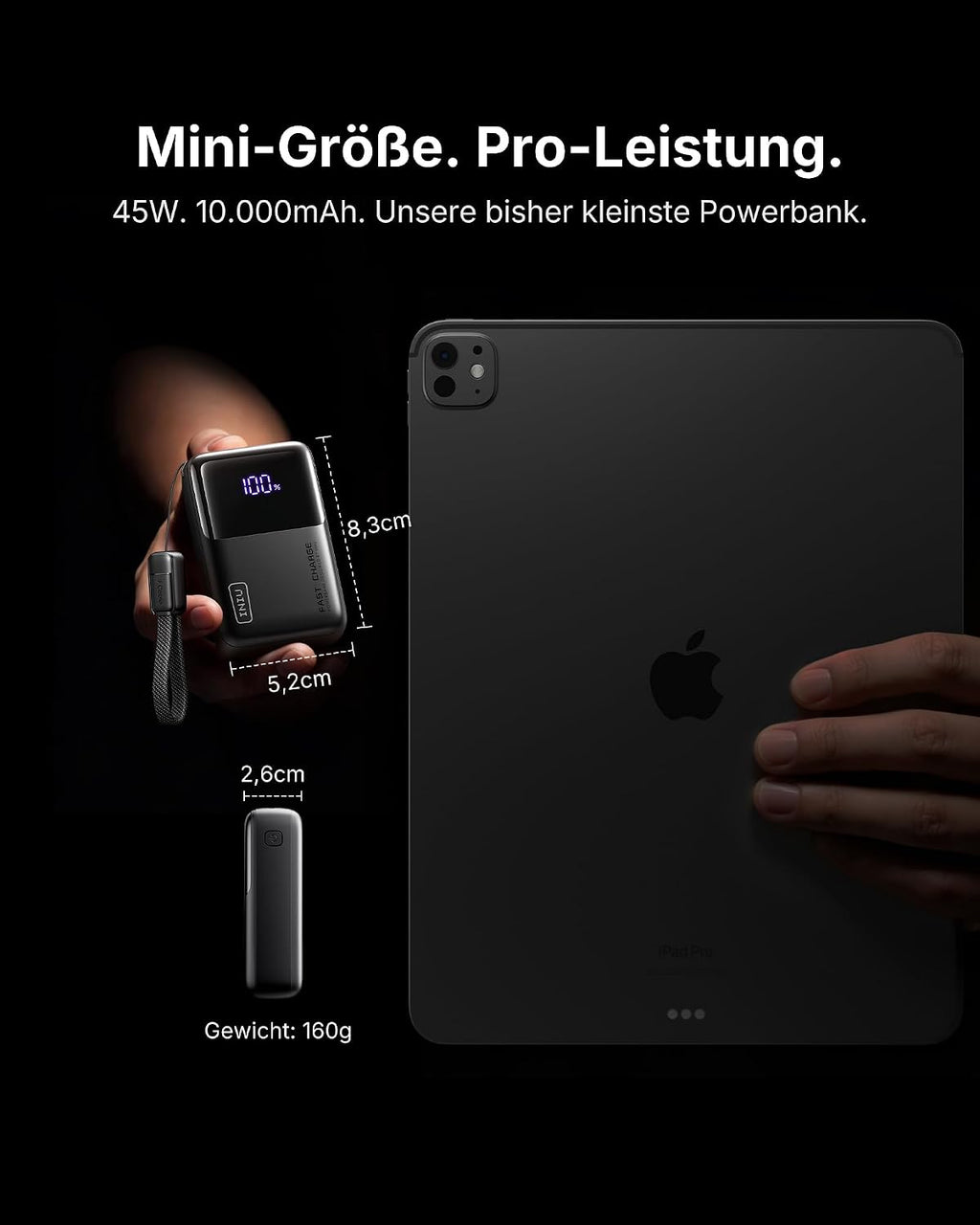 INIU Ultra Mini Powerbank, 10000mAh 45W Schnellladen mit USB C Kabel
