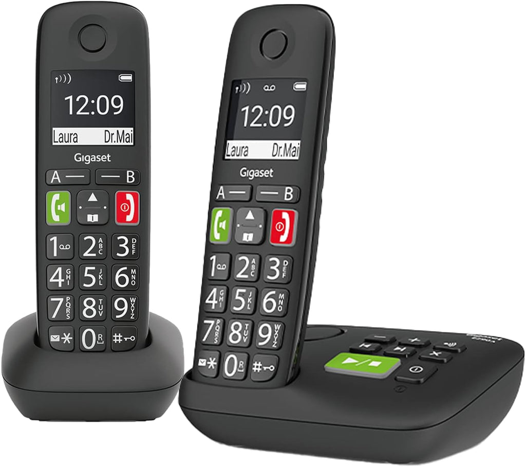 Gigaset E290A Duo - 2 Schnurlose Senioren DECT-Telefone mit Anrufbeantworter - großen Tasten und Display, Zielwahltasten für wichtige Nummern, Verstärker-Funktion für extra lautes Hören, schwarz