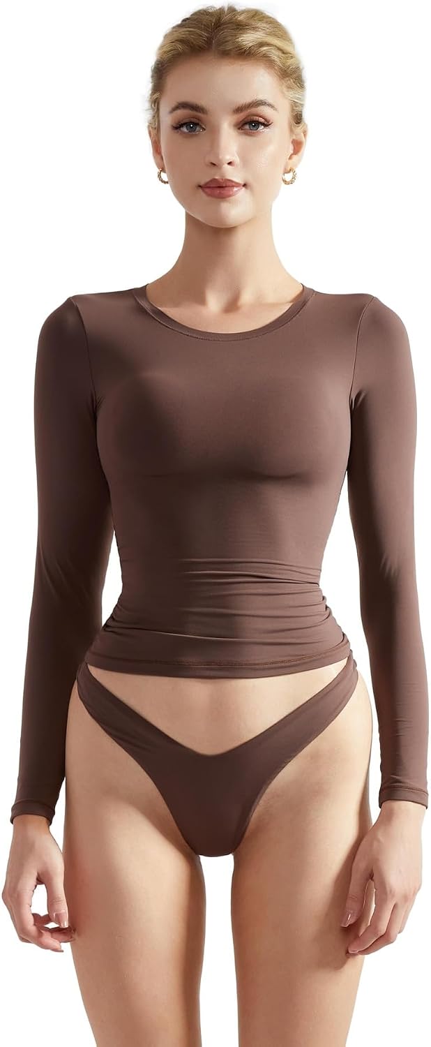 SUUKSESS Women Double Lined Fitted Basic T Shirts Crew Neck Long Sleeve Crop Top
