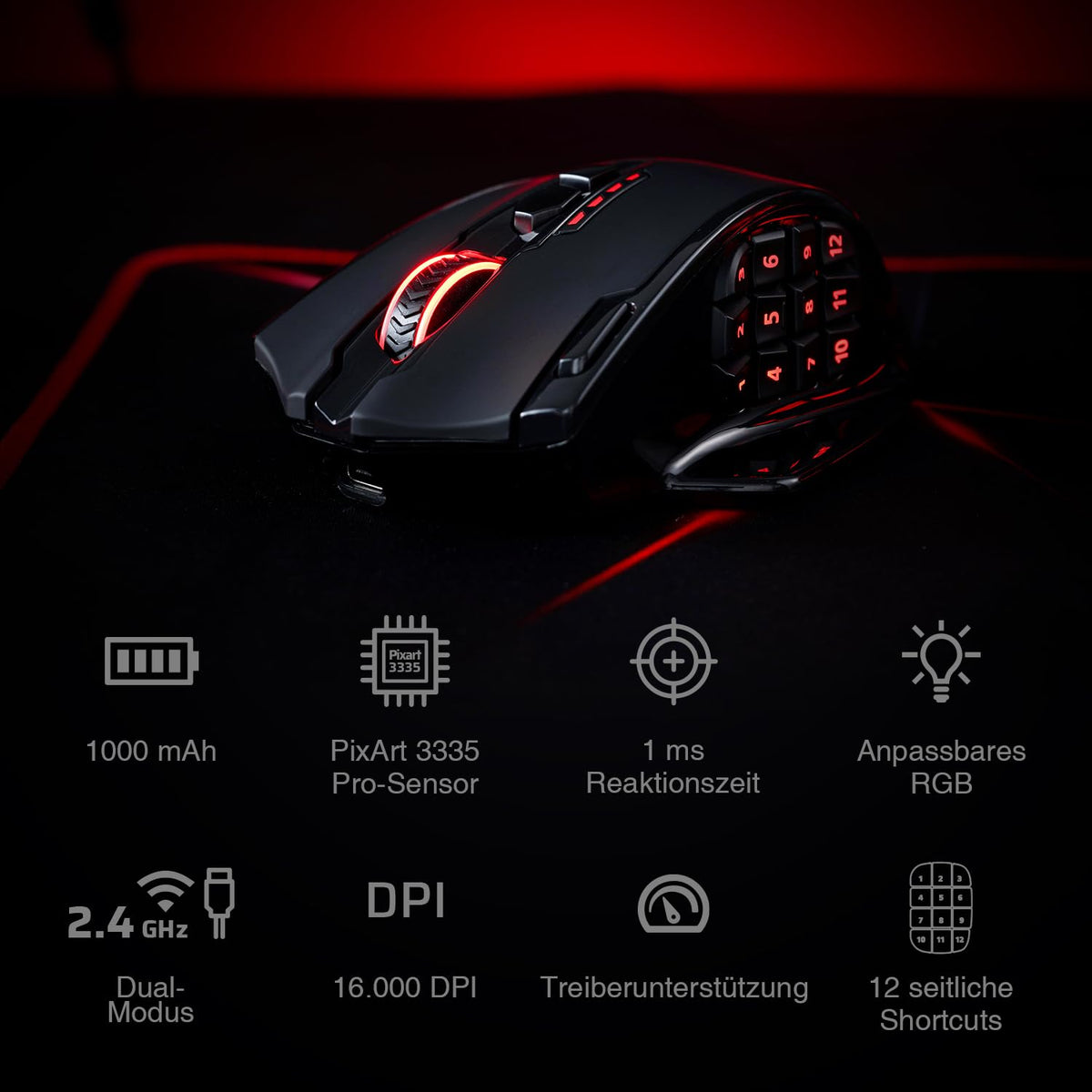 Redragon M908 Impact MMO Gaming Maus Kabelgebunden RGB 12400 DPI