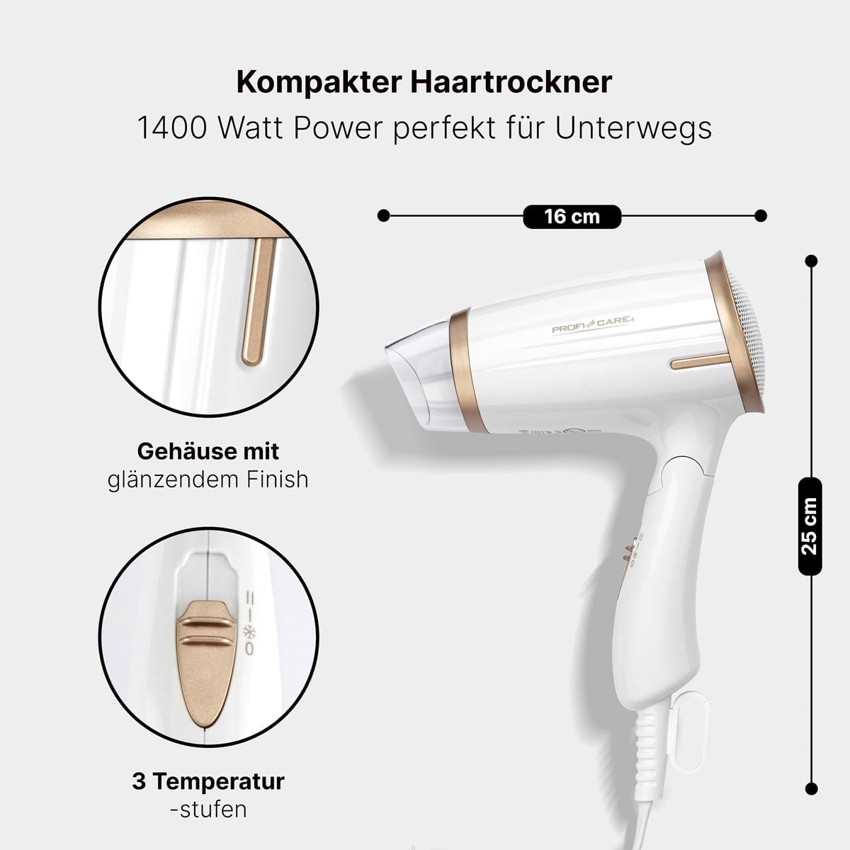 ProfiCare® Haartrockner klappbar | Hair Dryer 1400W | platzsparend mit Klappgriff | kompakter Airstyler | 2 Stufen | Kaltstufe für Style-Fix | Überhitzungsschutz | PC-HT 3009 champagner
