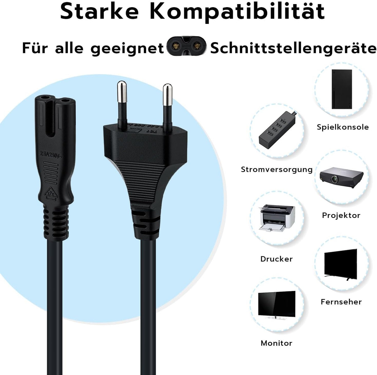 Mcbazel 1,5m Stromkabel C7 Eurostecker (Achterstecker), 2-poliges Netzkabel für PS5,PS4,PS3,PS2,PS1,Xbox, Smart-TV, Drucker, Radio & Monitor, Ersatz Kleingerätekabel, Schwarz