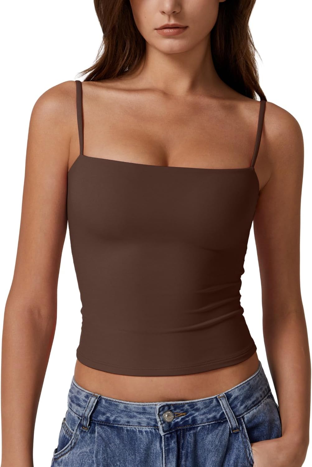 QINSEN Women's Double Lined Basic Tank Top Adjustable Spaghetti Straps Sleeveless Camisole Shirts