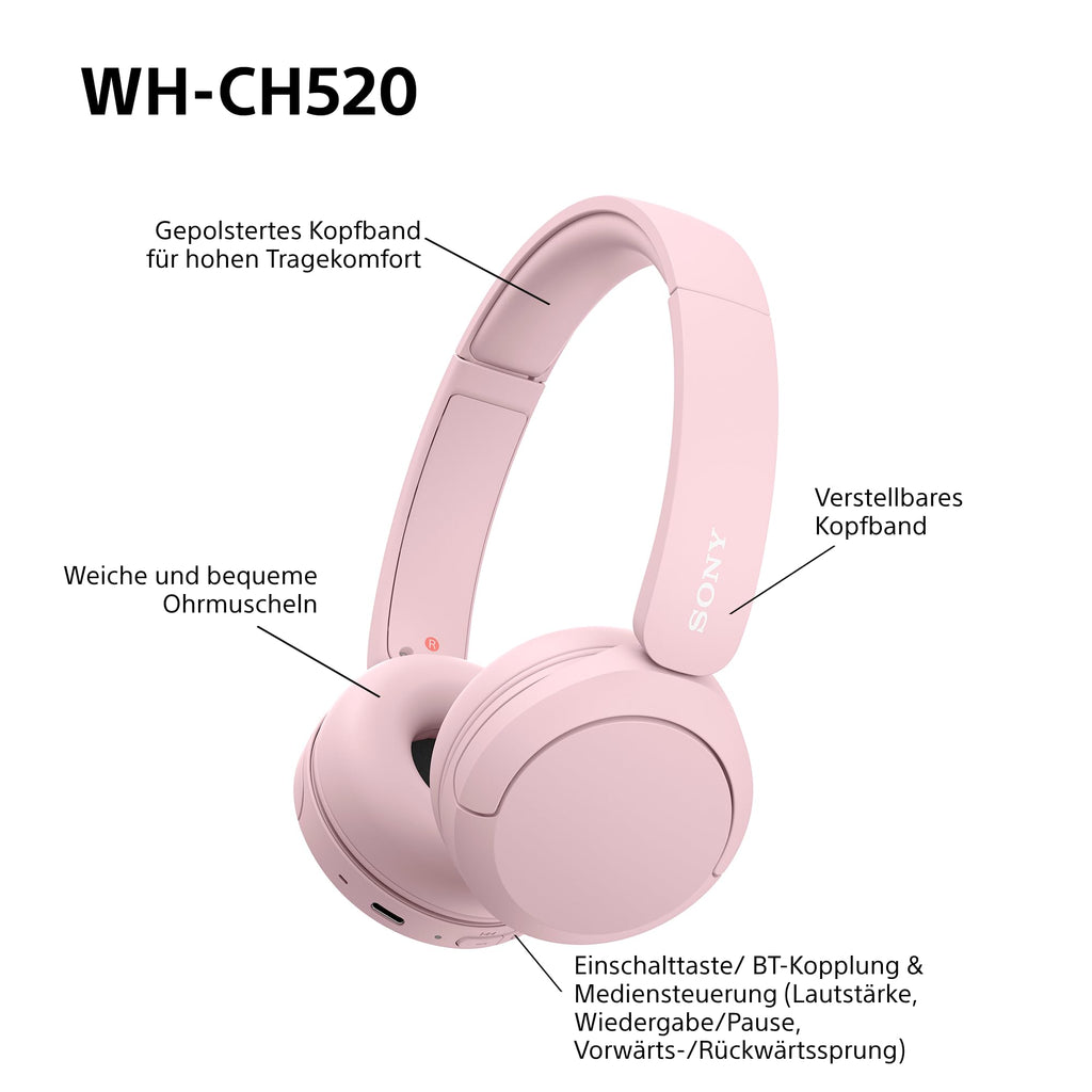 Sony WH-CH520 Kabellose Bluetooth-Kopfhörer - bis zu 50 Stunden Akkulaufzeit mit Schnellladefunktion, On-Ear-Modell - Schwarz
