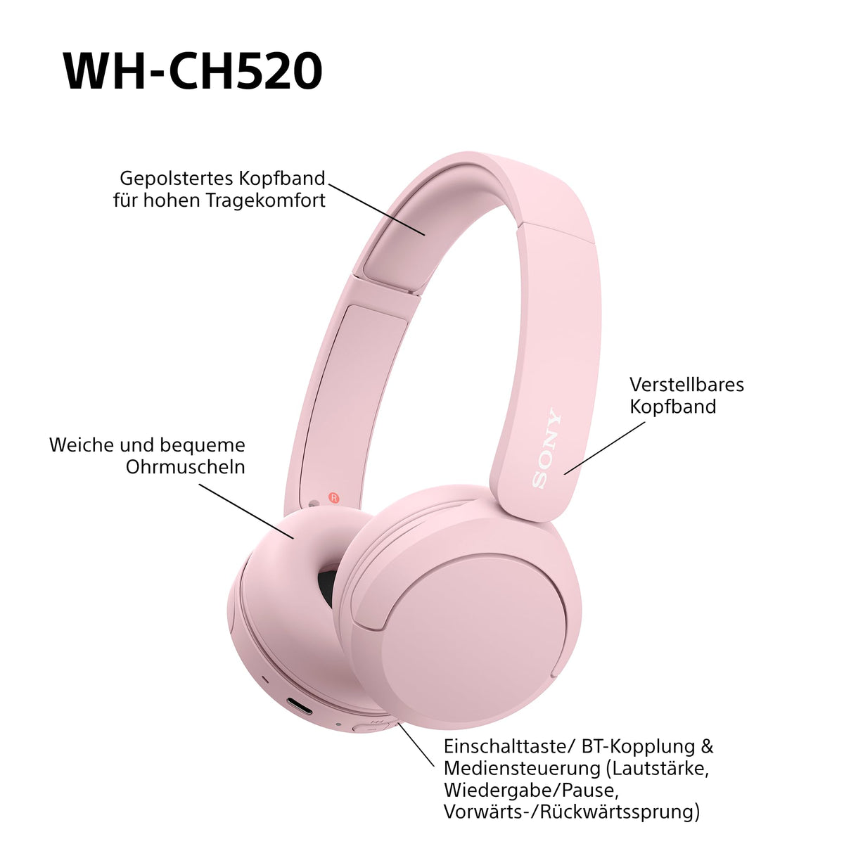Sony WH-CH520 Kabellose Bluetooth-Kopfhörer - bis zu 50 Stunden Akkulaufzeit mit Schnellladefunktion, On-Ear-Modell - Schwarz