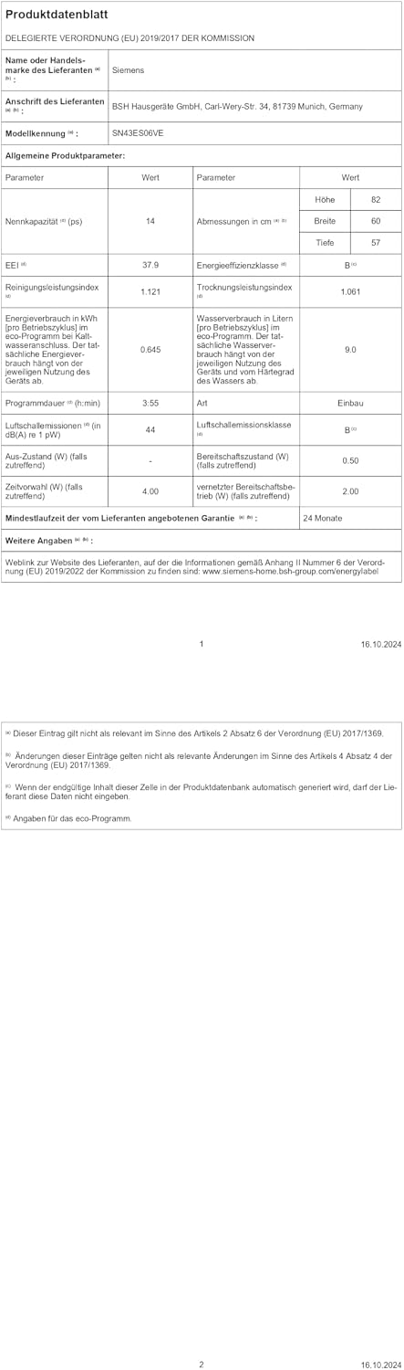 Siemens iQ300 Smarter Unterbau Geschirrspüler 60 cm SN43ES06VE
