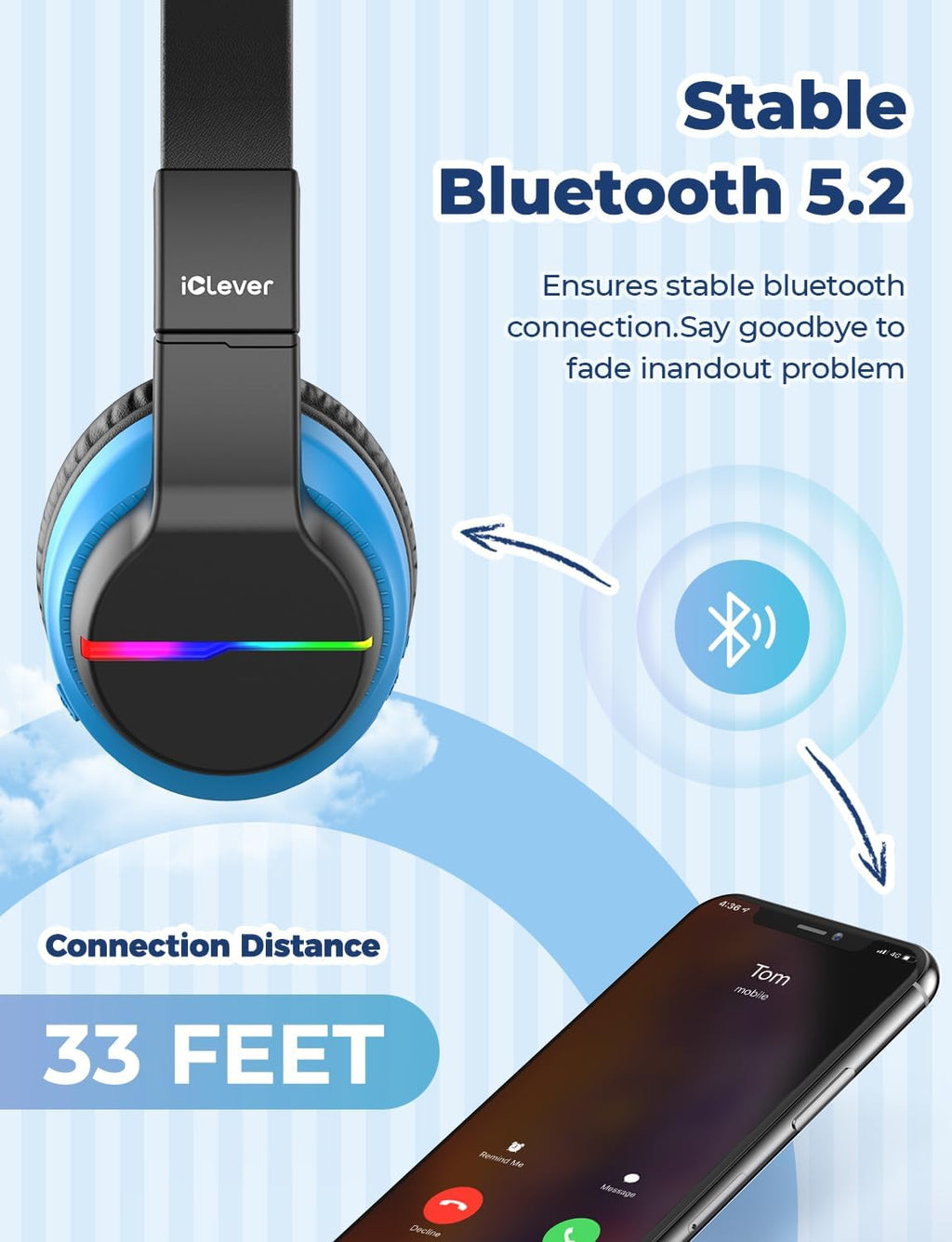 iClever BTH12 Bluetooth-Kopfhörer für Kinder mit LED-Beleuchtung, 85 Stunden Wiedergabezeit, ideal für Reisen