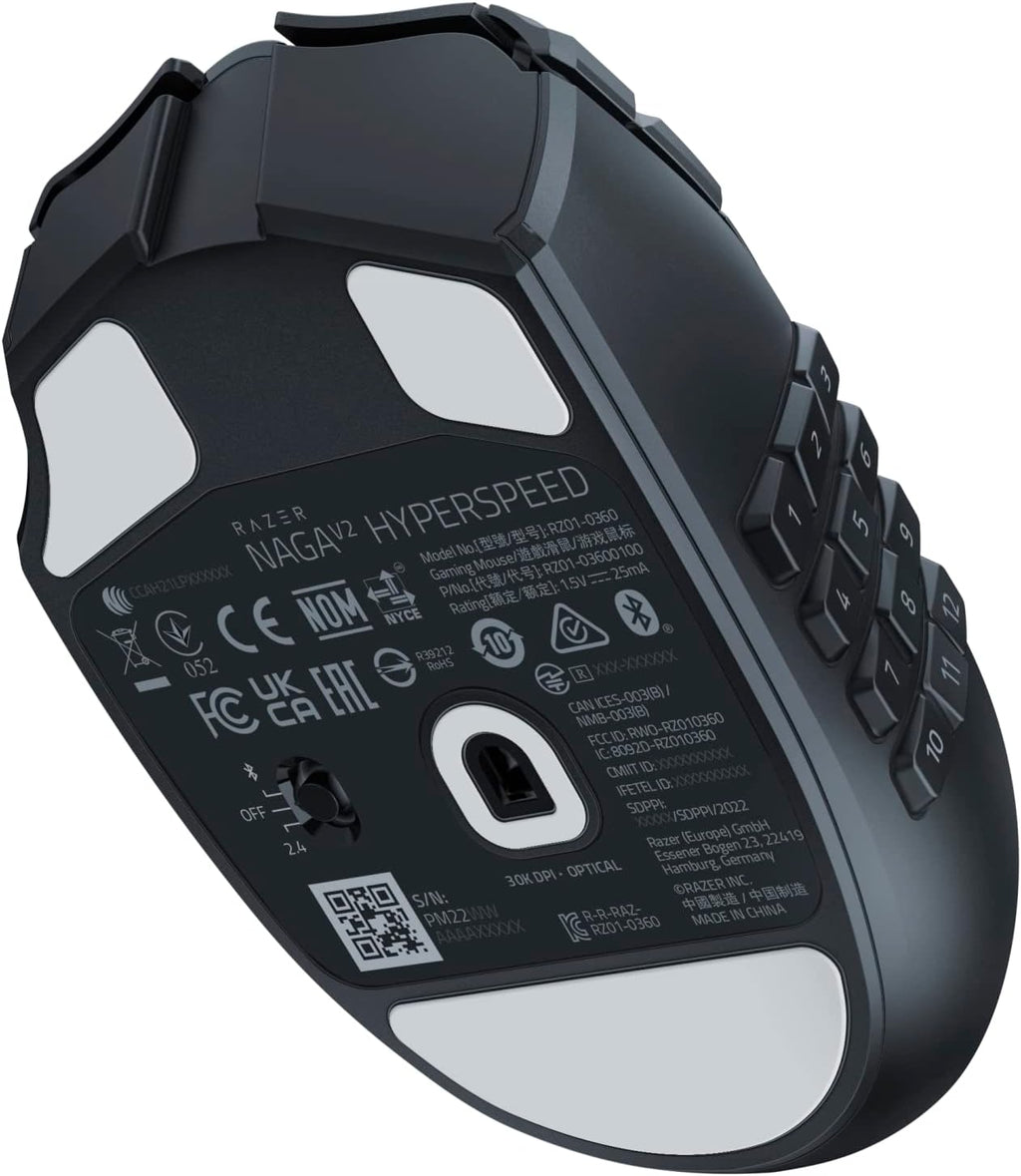 Razer Naga V2 HyperSpeed - Ergonomische Kabellose MMO Gaming Maus (19 Programmierbaren Tasten, Wireless 2,4 GHz, Bluetooth, Bis zu 250 Stunden, Focus Pro 30K Optischer Sensor) Schwarz