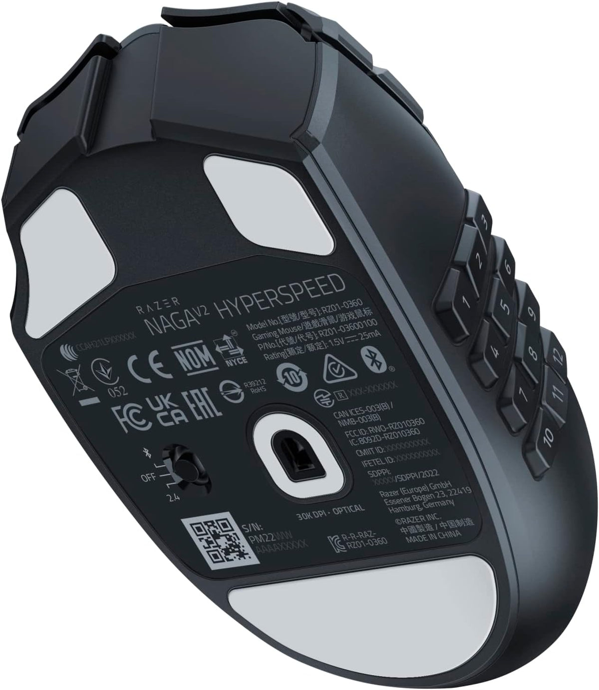 Razer Naga V2 HyperSpeed - Ergonomische Kabellose MMO Gaming Maus (19 Programmierbaren Tasten, Wireless 2,4 GHz, Bluetooth, Bis zu 250 Stunden, Focus Pro 30K Optischer Sensor) Schwarz