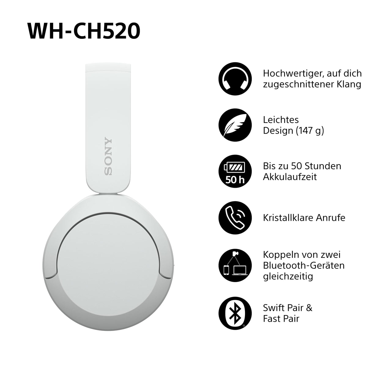 Sony WH-CH520 Kabellose Bluetooth-Kopfhörer - bis zu 50 Stunden Akkulaufzeit mit Schnellladefunktion, On-Ear-Modell - Schwarz