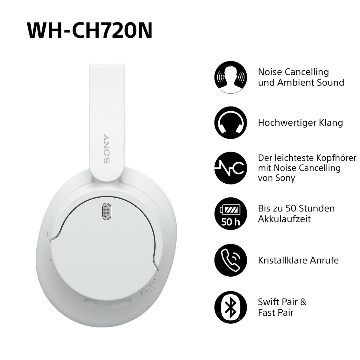 Sony WH-CH720N Kabelloser Bluetooth-Kopfhörer mit Noise Cancelling - bis zu 35 Stunden Akkulaufzeit und Schnellladefunktion - Schwarz