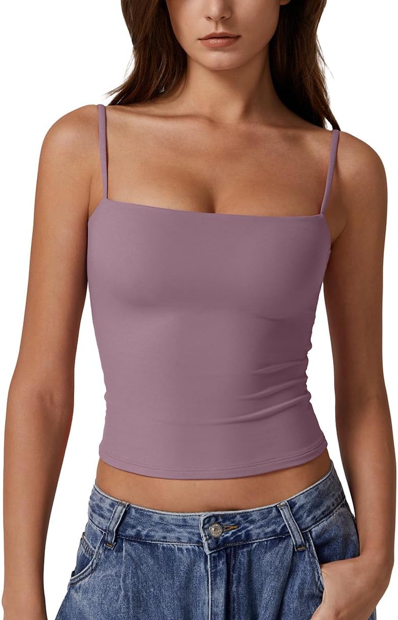 QINSEN Women's Double Lined Basic Tank Top Adjustable Spaghetti Straps Sleeveless Camisole Shirts