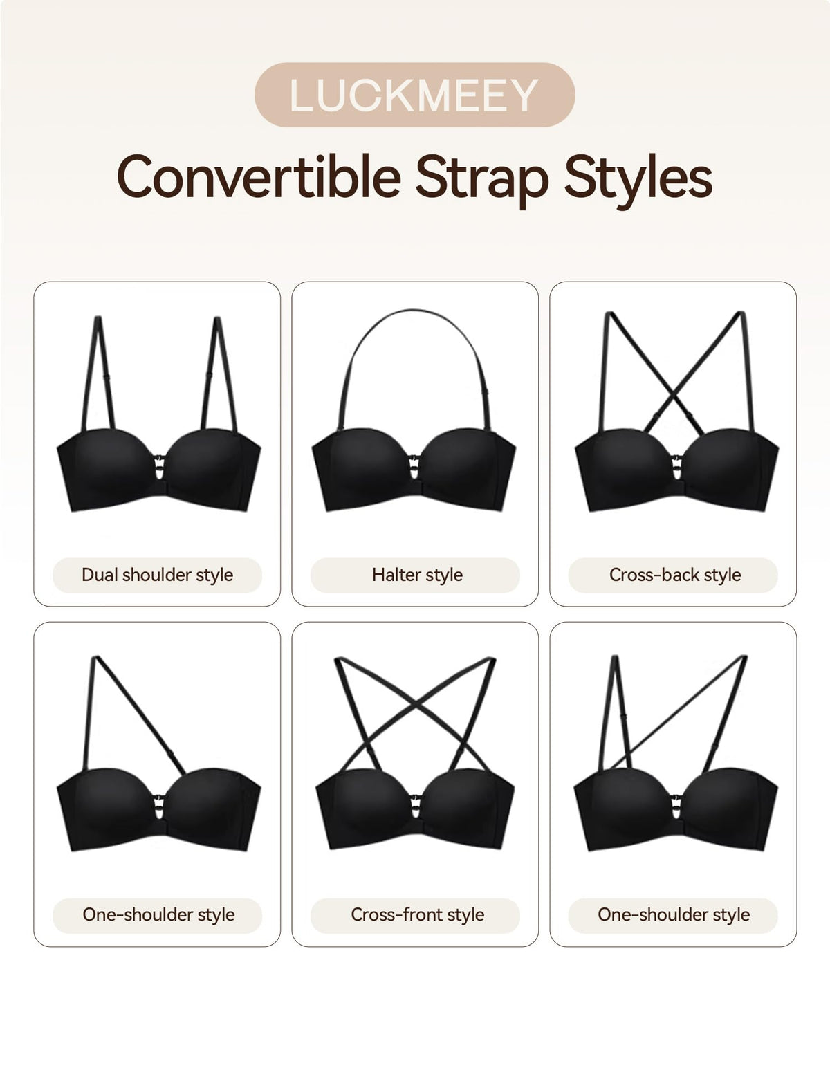 LUCKMEEY Women's Strapless Front Closure Push Up Bra, Non-Slip Removable Straps, Wireless Seamless, A-C Cup