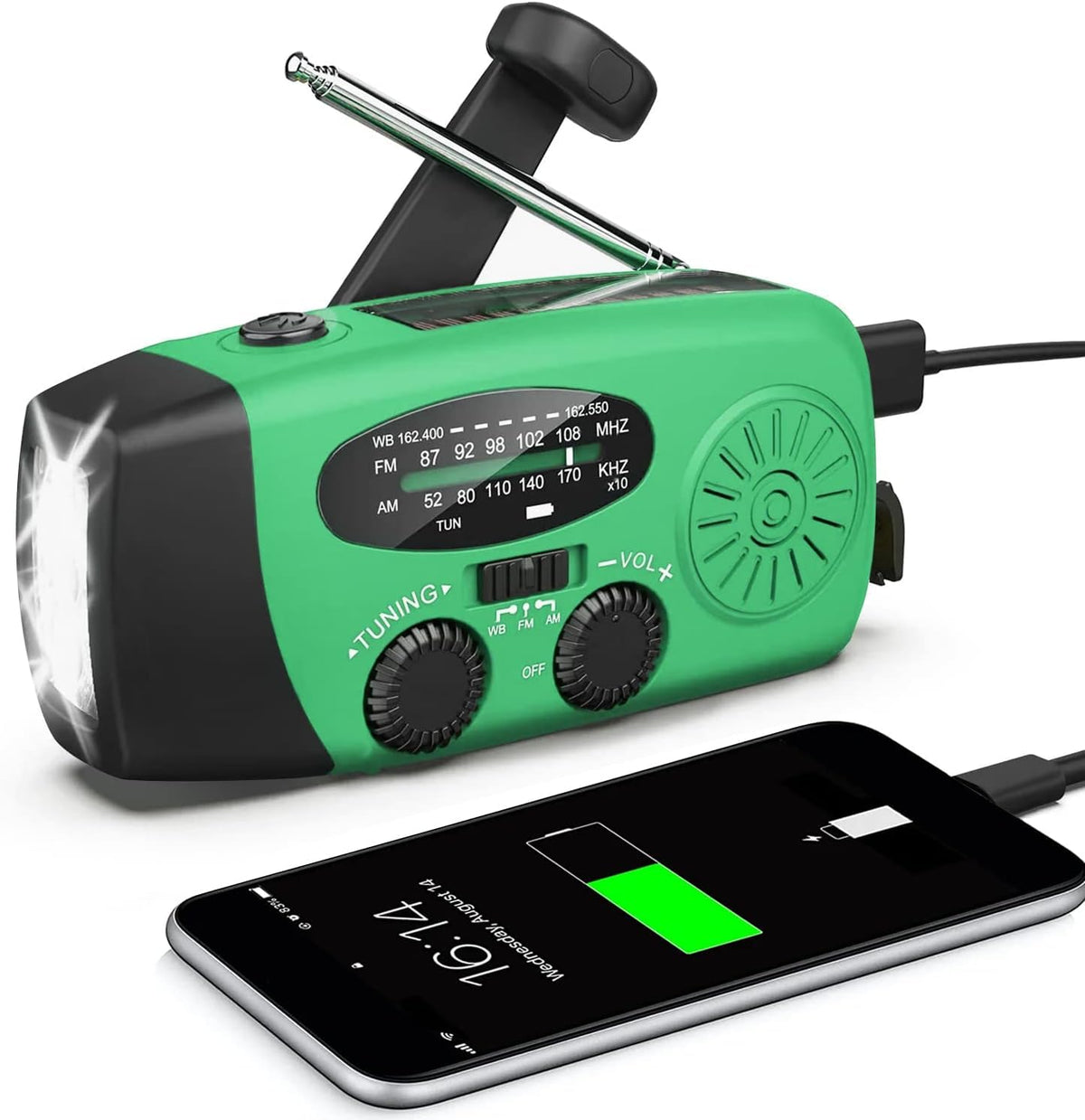 Notfall-Solarradio,Solarbaby Selbstbetriebenes Kurbelradio mit LED-Taschenlampe, SOS-Alarm,AM/FM Wetter Wind Up Radio mit 2000mAh Akku für Notladung von Smartphone,(Rod)