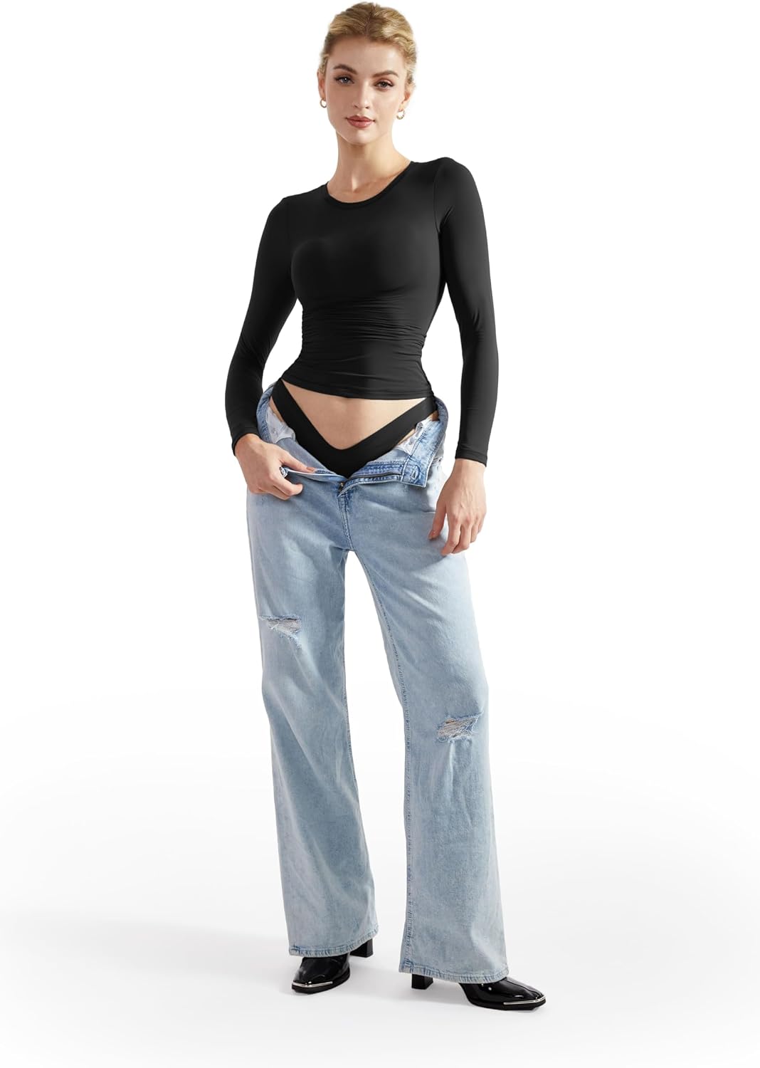 SUUKSESS Women Double Lined Fitted Basic T Shirts Crew Neck Long Sleeve Crop Top