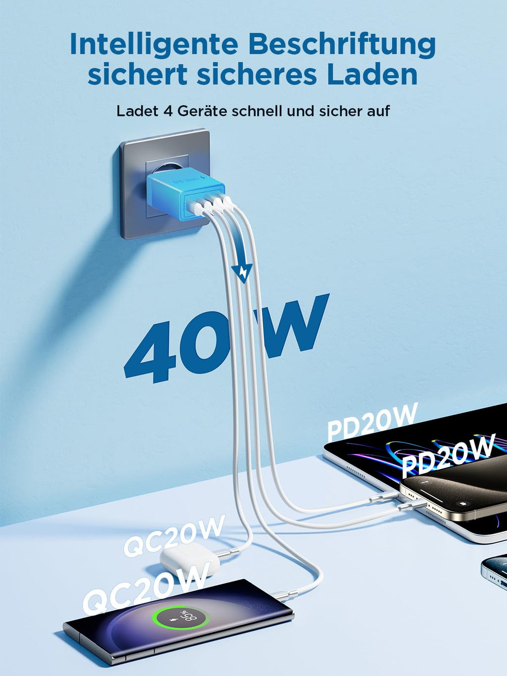 USB C Ladegerät, 40W 4-Port USB ladegerät Mehrfach Schnellladegerät PD 3.0