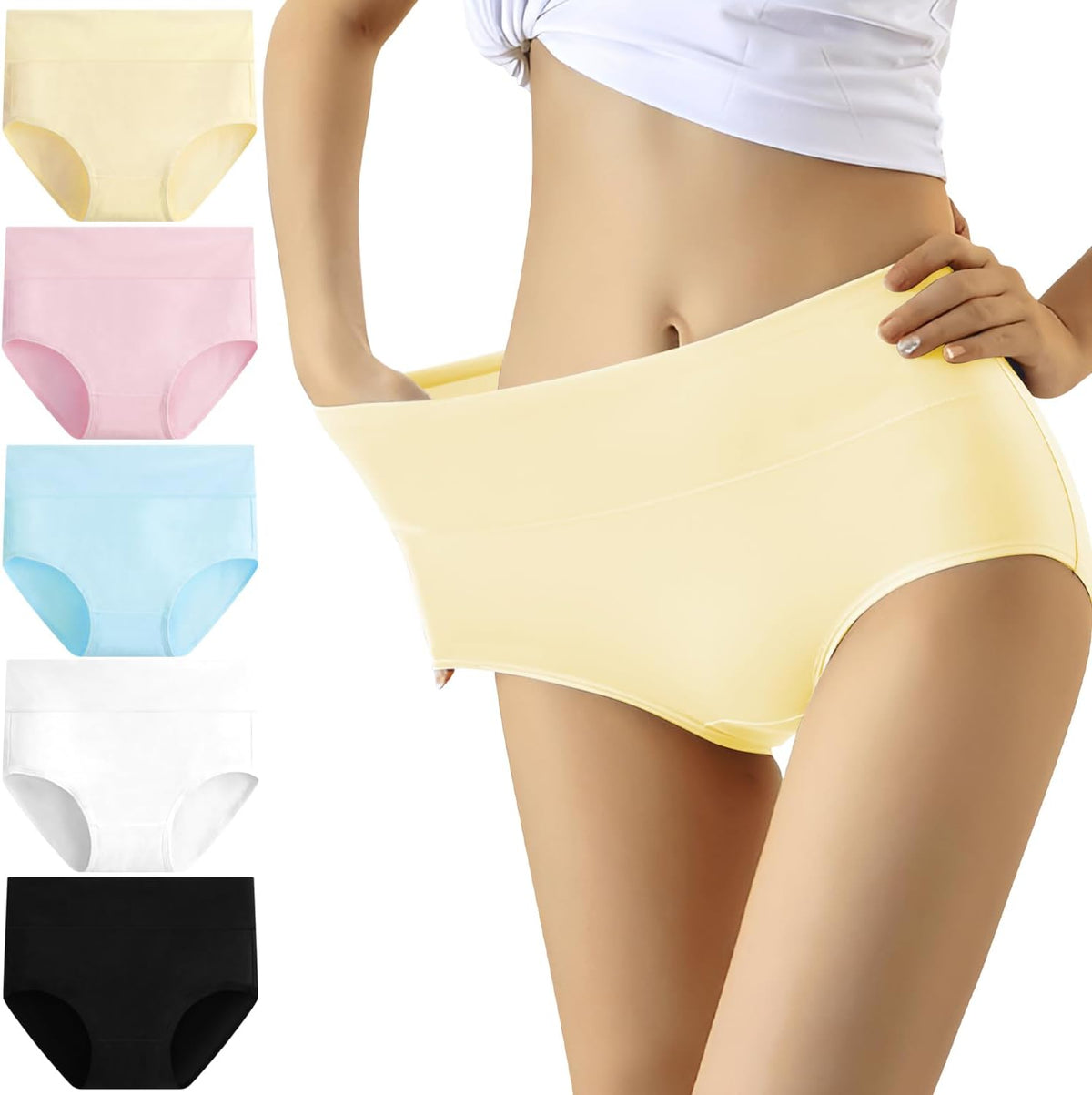 YouShow Damen Unterwäsche Hohe Taille Baumwolle Slips Damen High Waist Panty Unterhosen Damen Klassische Slips Mehrfarbig 5er Pack